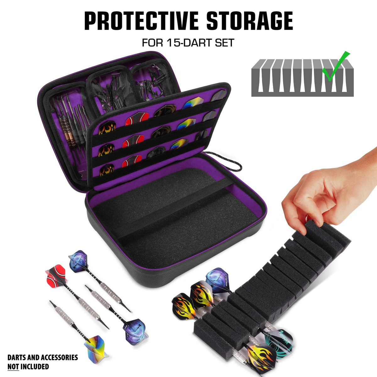 XL Hard Shell Dart Case - Holds 15 Darts & Accessories (Purple) for Steel & Soft Tip
