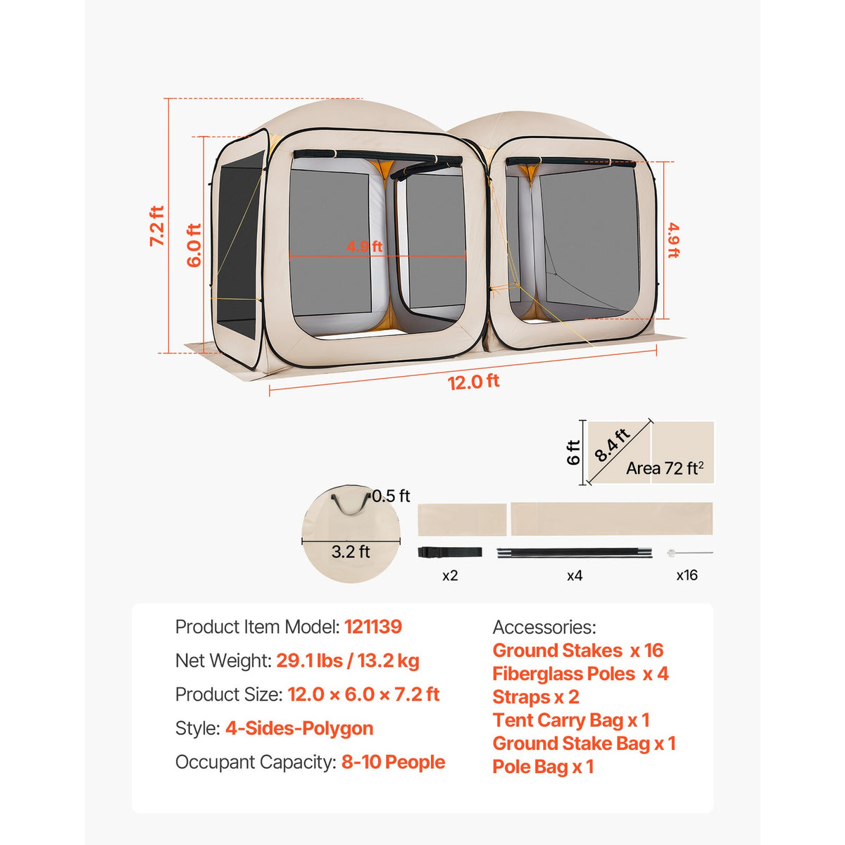 12 x 6 ft Pop-Up Screen House Tent with Carry Bag for Camping Outdoor Use