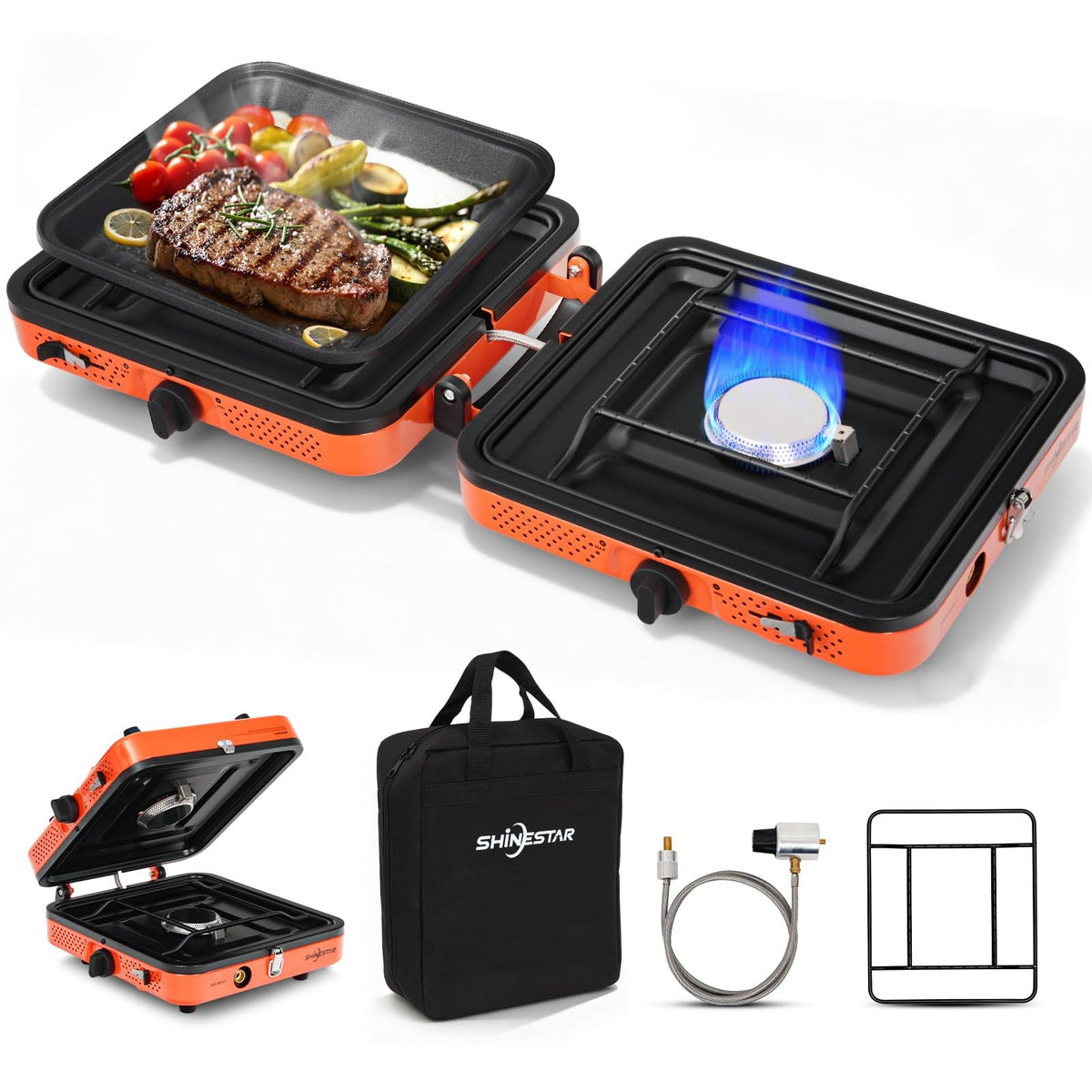Portable 2 Burner Propane Camping Stove with Carrying Case & Hose