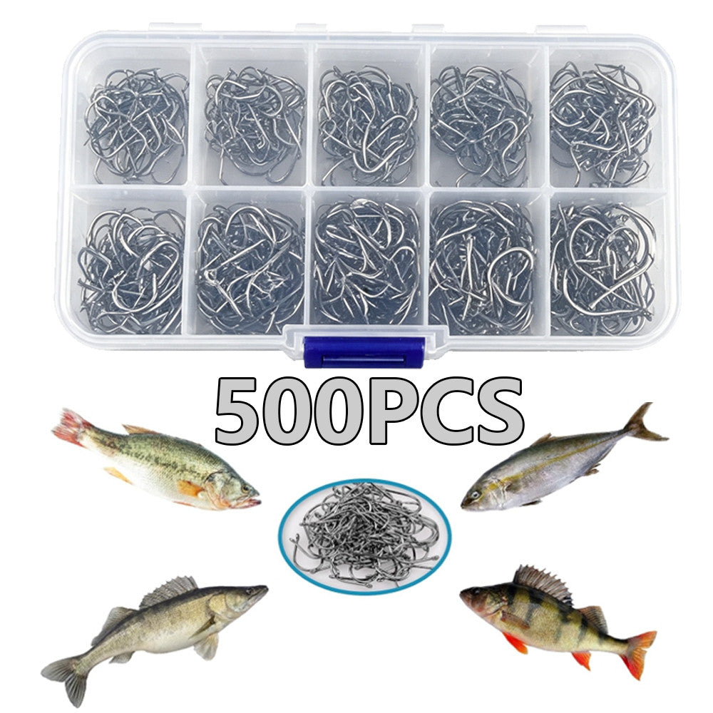 500pcs Fishing Hooks Set in 10 Sizes - Carbon Steel Sharpened Hooks with Storage Box