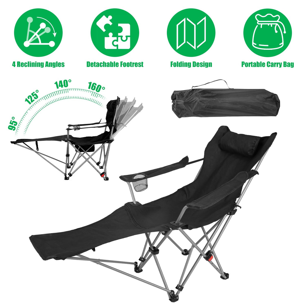 Heavy Duty Folding Camping Chair with Footrest 220lbs Portable Recliner