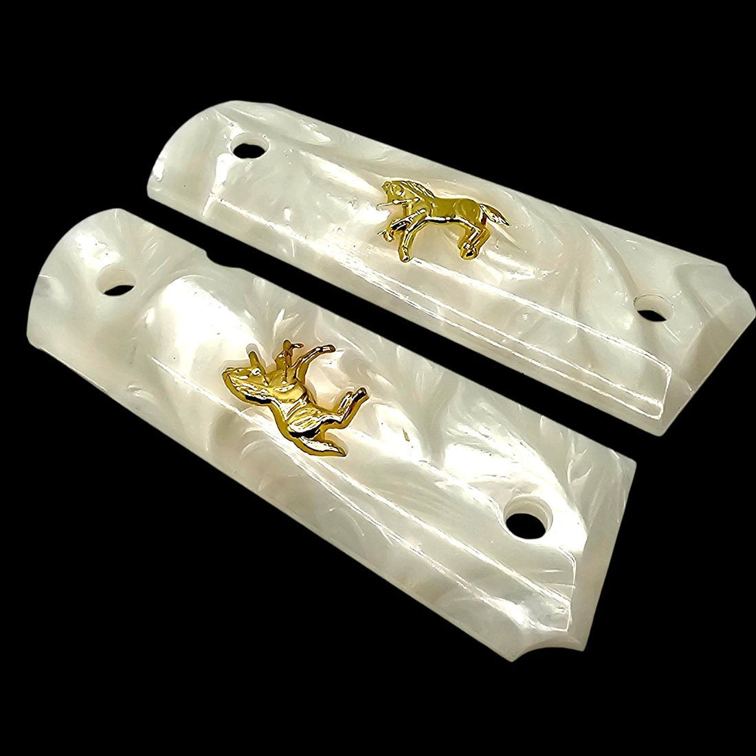 Full Size White Pearl 1911 Grips with Gold Colt Horse Emblem & Screws