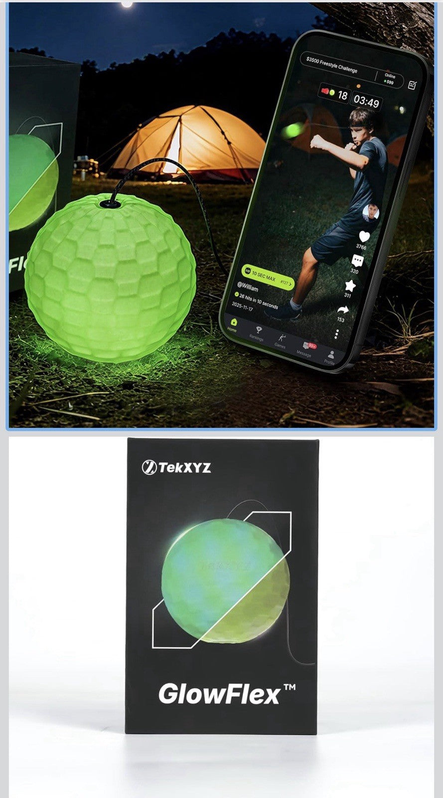 Glow-in-The-Dark Reflex Ball with Counter App Neon Yellow Fitness Toy