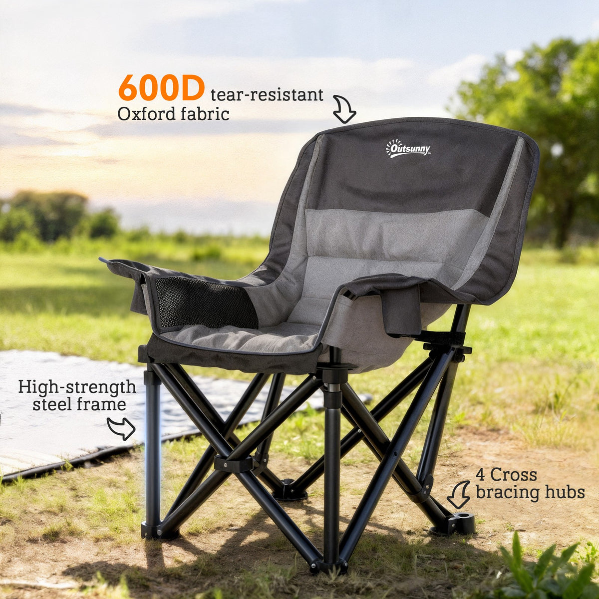 Portable Folding Camping Chair with High-Density Padding, Cup Holders and Side Pockets, Black and Gray
