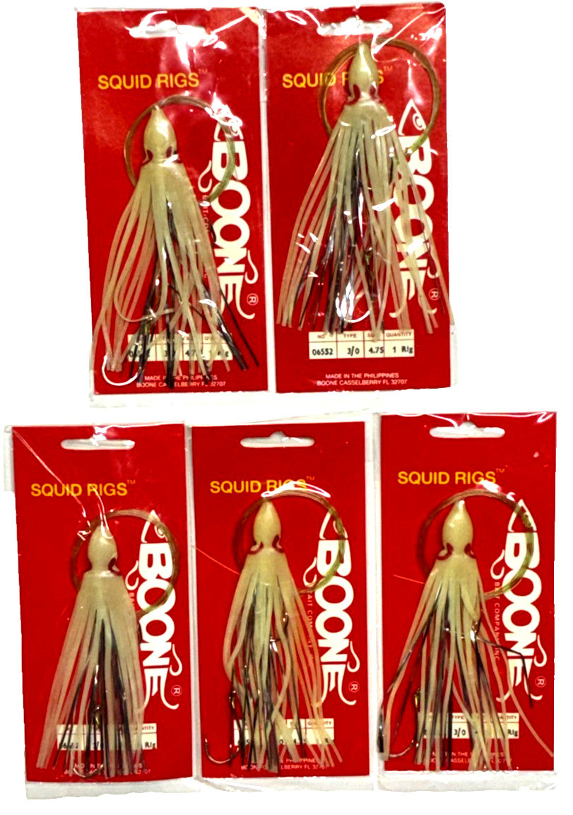 Rigged Glo Squid Baits with Hooks - Large Fish Lure Set, 4.75 Inch, 5 Pack