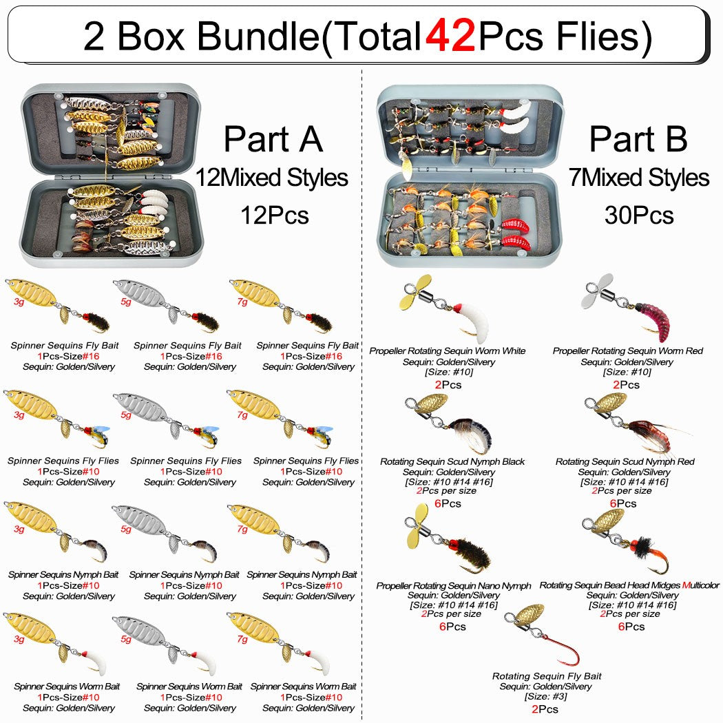 Fly Fishing Flies Kit - 42 Pieces Rotating Sequin Wet Dry Trout Flies Bundle
