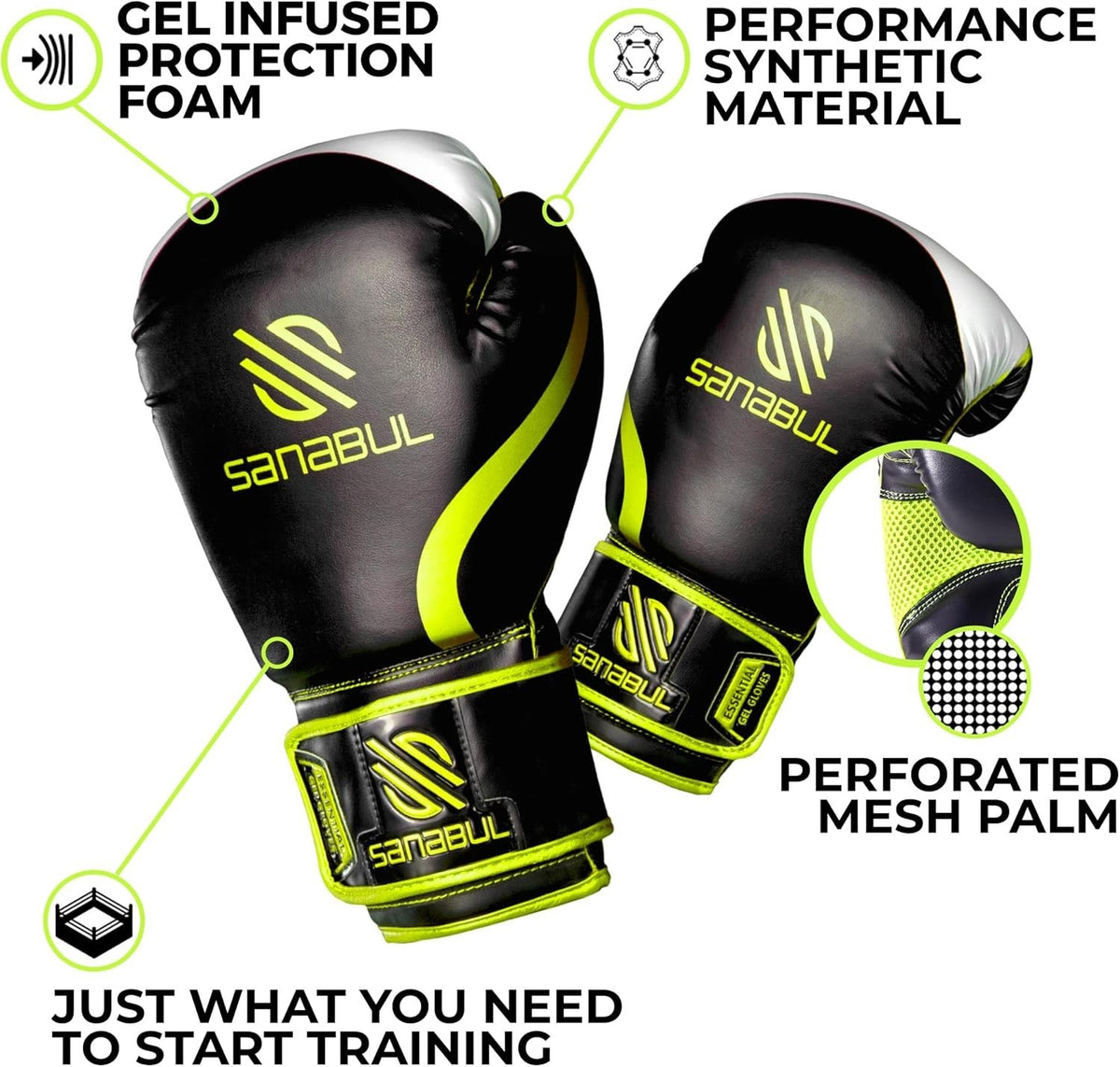 Black and Green Boxing Gloves 12 Oz Gel Impact Protection for Fighters