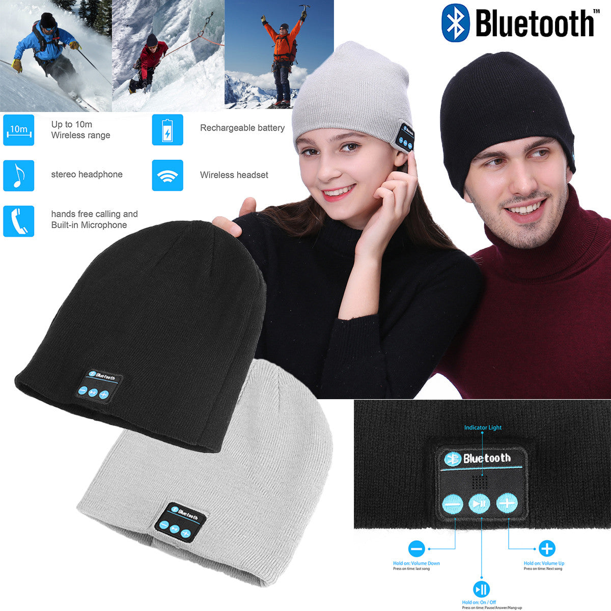 Winter Bluetooth Beanie Hat with Headset and Microphone, Wireless Audio