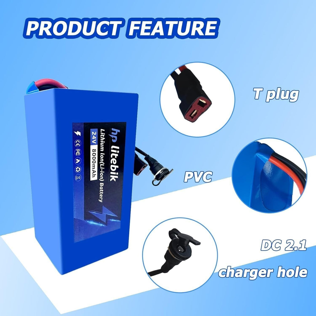 24V Lithium E-Bike Battery Waterproof 8Ah for Electric Bicycle with BMS