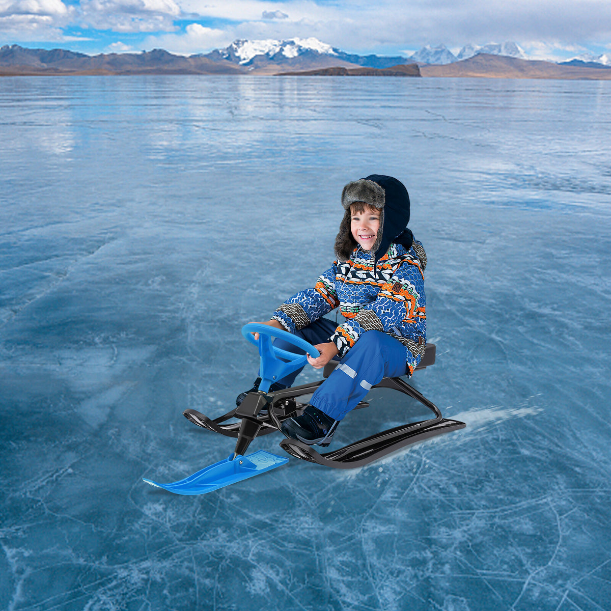 Kids & Adult Snow Racer Sled with Flexible Steering Wheel - Blue