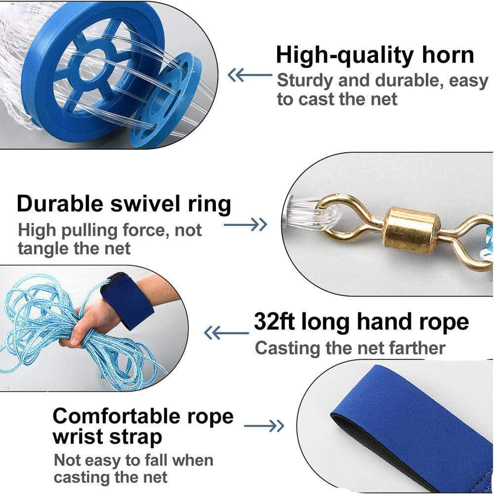 Heavy Duty Fishing Cast Net - Strong Nylon Bait Trap for Sea Lake Pond & River Fishing