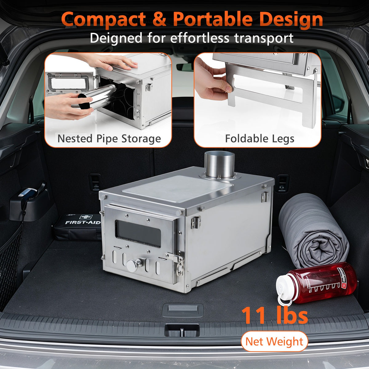 Portable Wood Burning Tent Stove with Chimney Pipes and Spark Arrestor