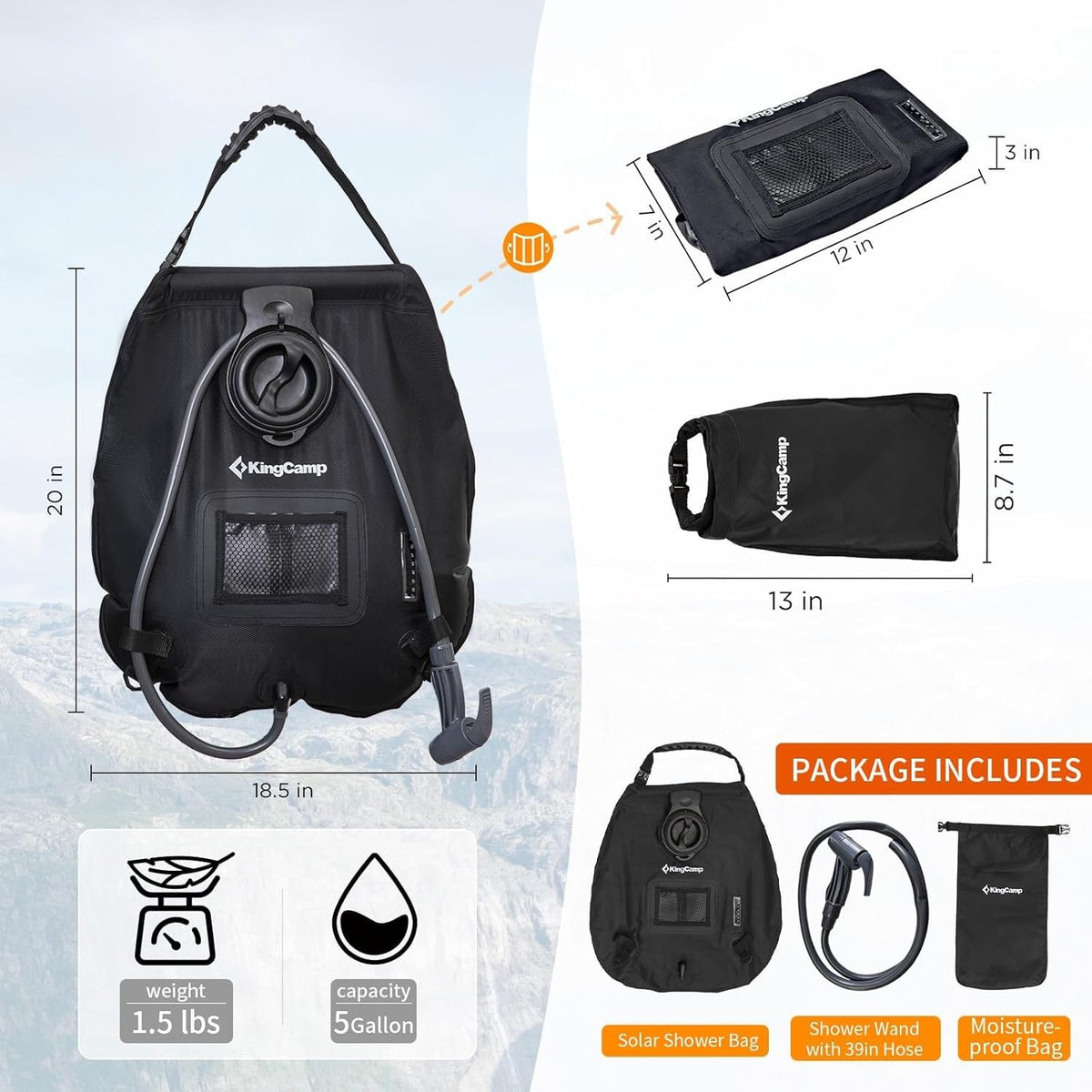 Portable Solar Shower Bag 5 Gallon with Thermometer & Removable Hose for Camping