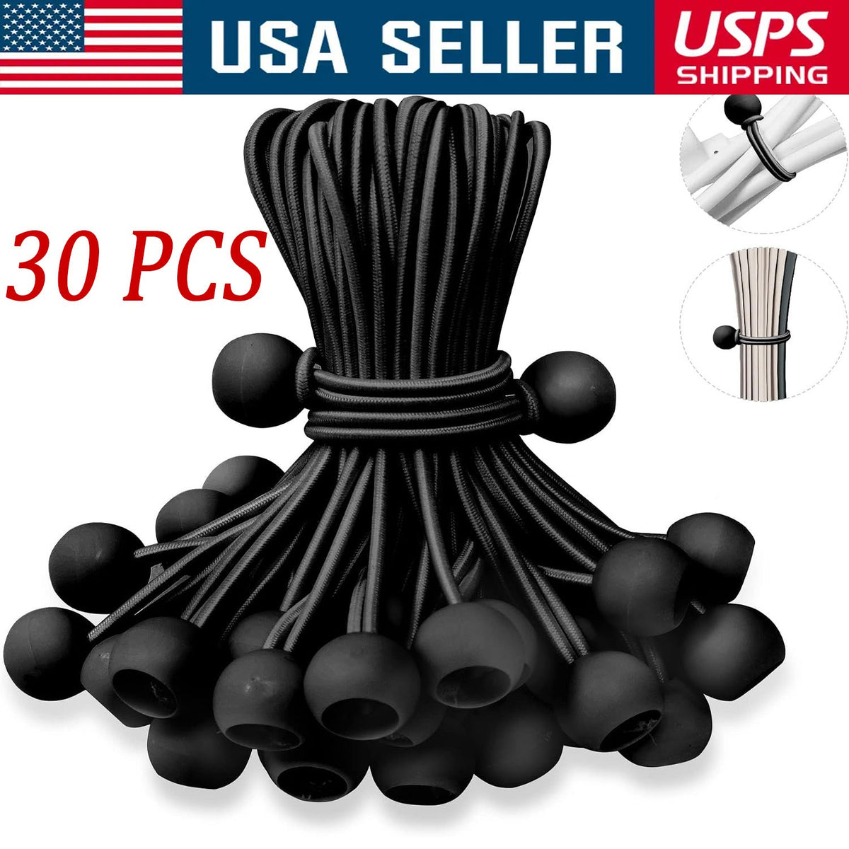 Heavy Duty 30 Pack 4-Inch Black Bungee Cord Tie Downs for Canopies & Tarps