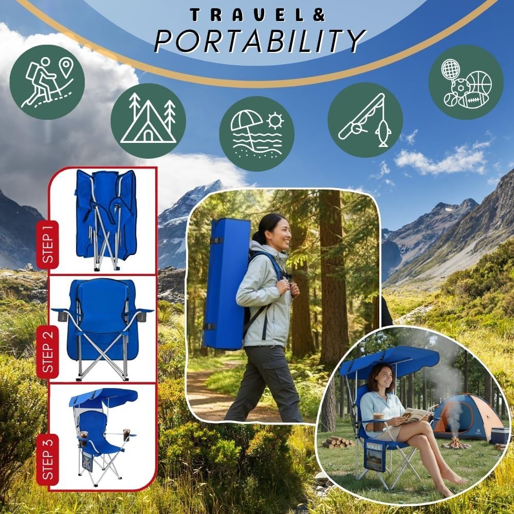 Portable Camping Chair with Canopy Sun Shade and Carrying Straps