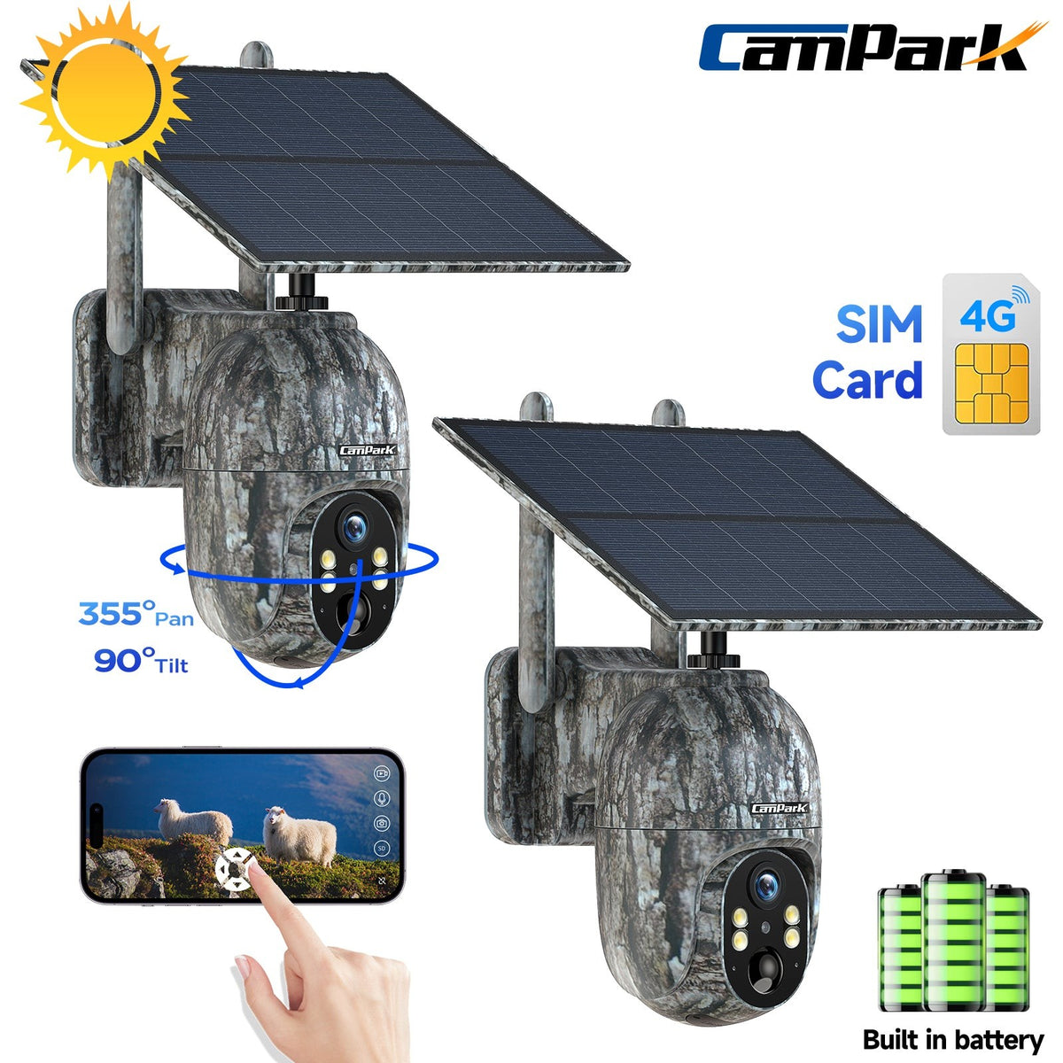 Solar Powered 4G LTE Trail Camera with Night Vision & SIM Card - 2 Pack