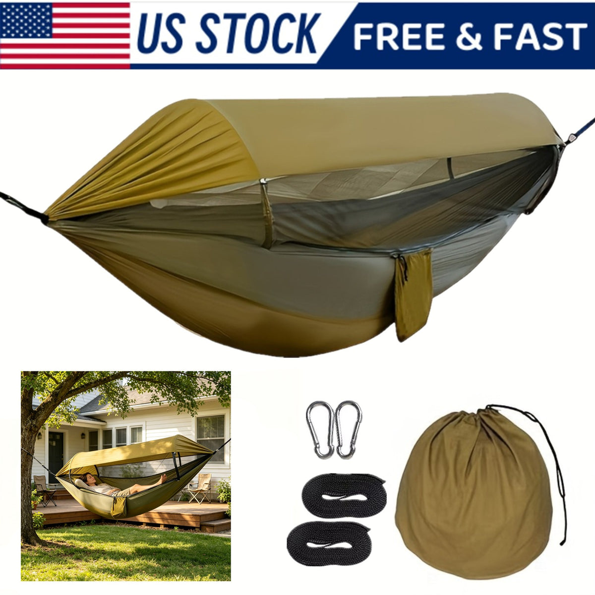 Portable Camping Hammock Tent with Mosquito Net and Sun Canopy for 1-2 Persons