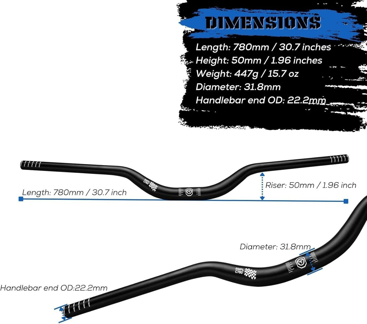 Mountain Bike Handlebar 31.8mm Diameter 50mm Rise 720mm Wide Aluminum