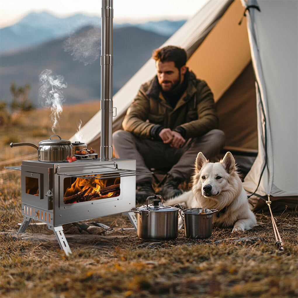 Stainless Steel Camping Tent Stove with Detachable Chimney and Cooking Function