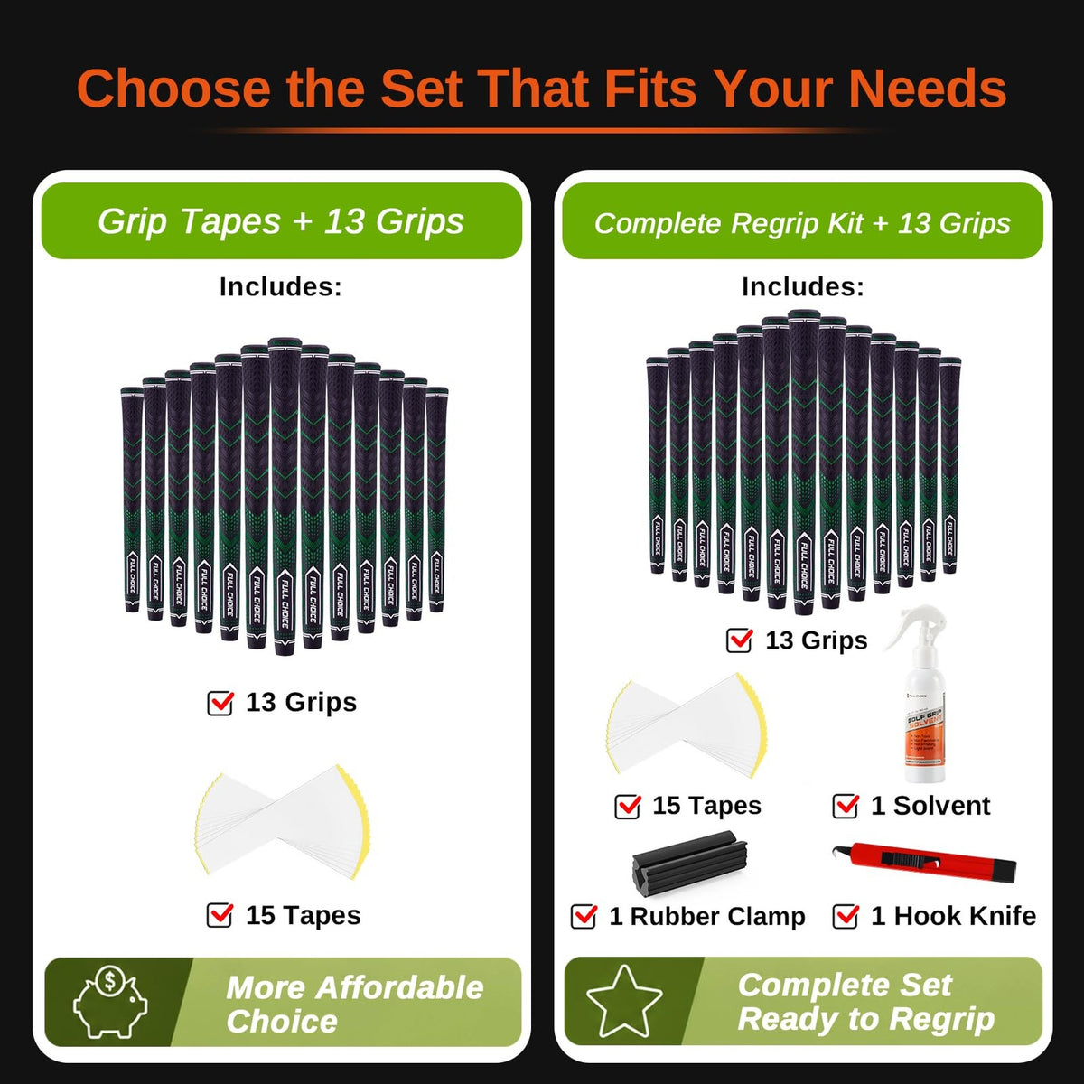 Golf Club Grips 13 Pack High Traction Rubber Midsize & Jumbo Options