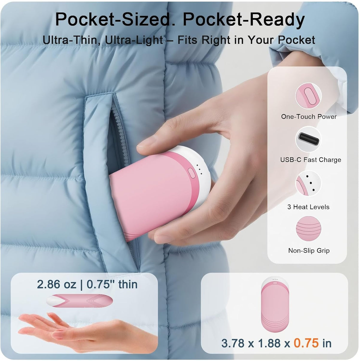 Rechargeable Hand Warmers 2 Pack with 6000mAh Battery, Thermally Conductive Silicone