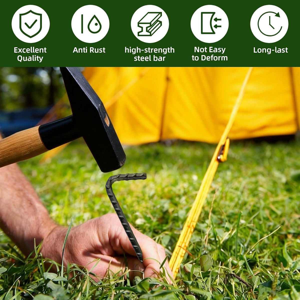 Heavy Duty Rebar Tent Stakes 10 Pack - Outdoor Camping Ground Anchors