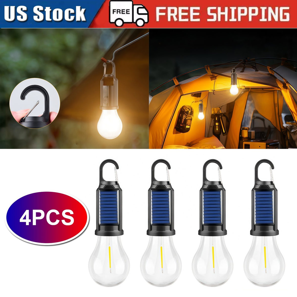 4 Pack Solar LED Camping Tent Lanterns with USB Charging & Clip Hooks