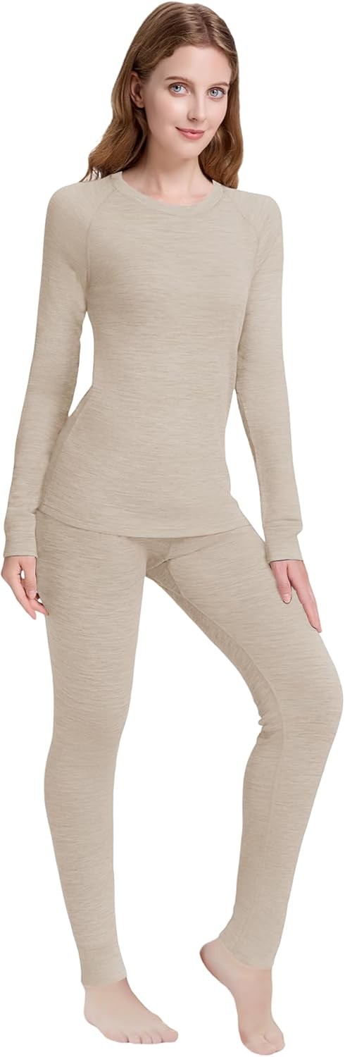 Women's Merino Wool Base Layer Sets Thermal Underwear Ski 2PC Top & Long Johns