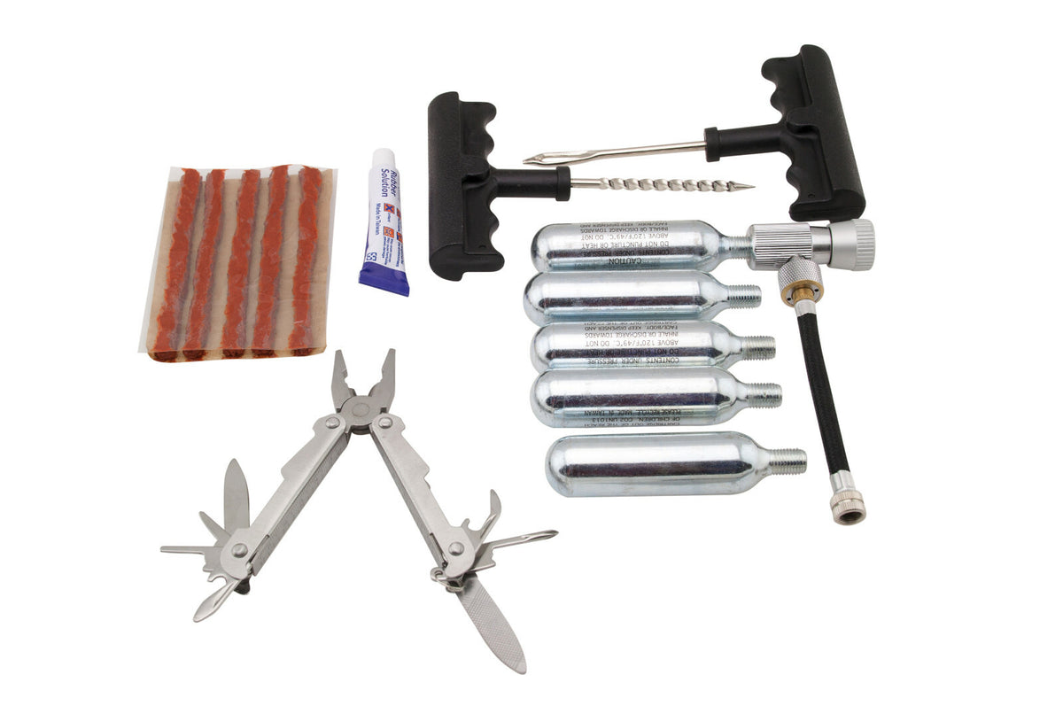 Motorcycle and ATV Tubeless Tire Repair Kit with CO2 Canisters - Portable Emergency Flat Fix