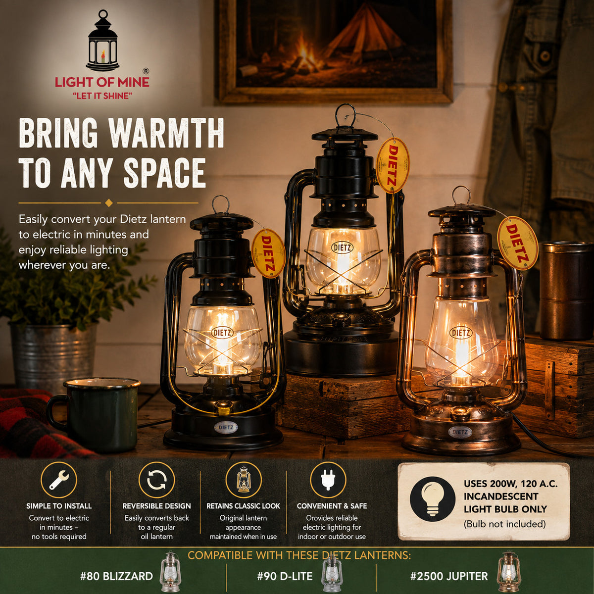 Electric Conversion Kit for Dietz Oil Lanterns - Fits #80 Blizzard, #90 D-Lite, #2500 Jupiter