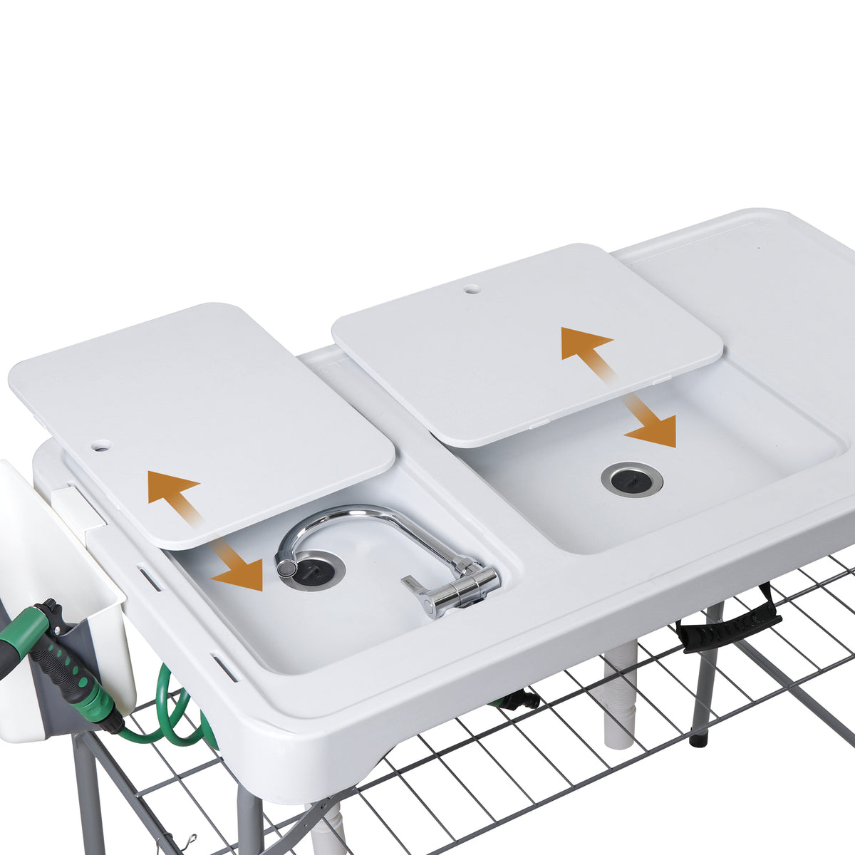 Fish Cleaning Station with Dual Sinks and Swivel Faucet - Portable Folding Camping Table