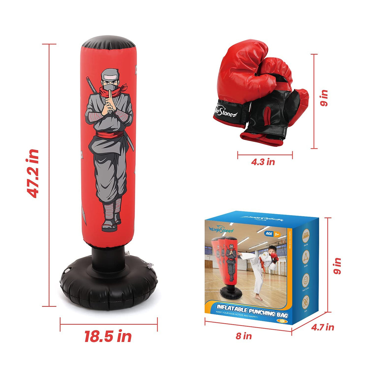 Kids Punching Bag with Gloves - Inflatable 47 Inch Martial Arts Training Equipment