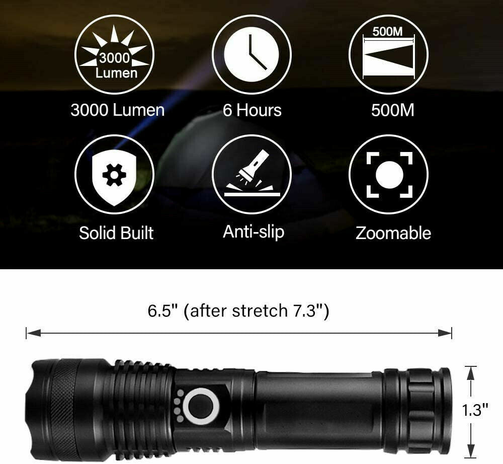 Rechargeable LED Tactical Flashlight with 5 Modes Waterproof Handheld Torch