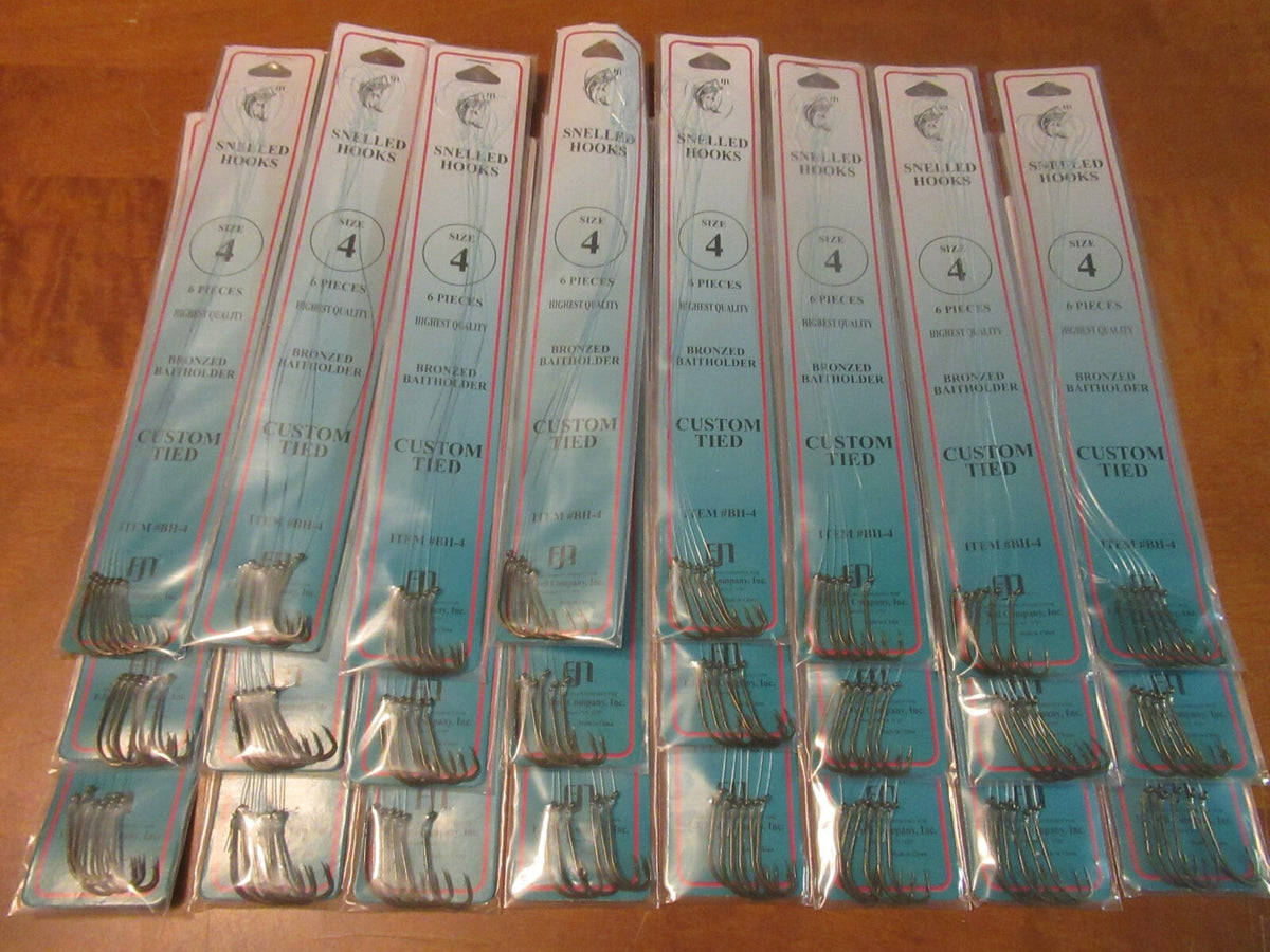 144 Snellled Fish Hooks in Assorted Sizes - Bronze Bait Holder Hooks, 6 Pack