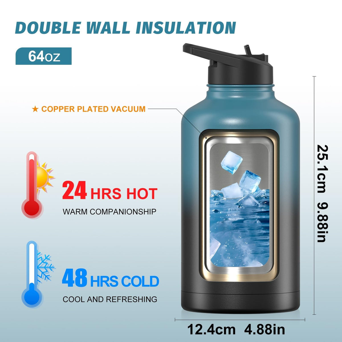 64oz Insulated Water Bottle - Keeps Drinks Cold 48H BPA-Free Stainless Steel