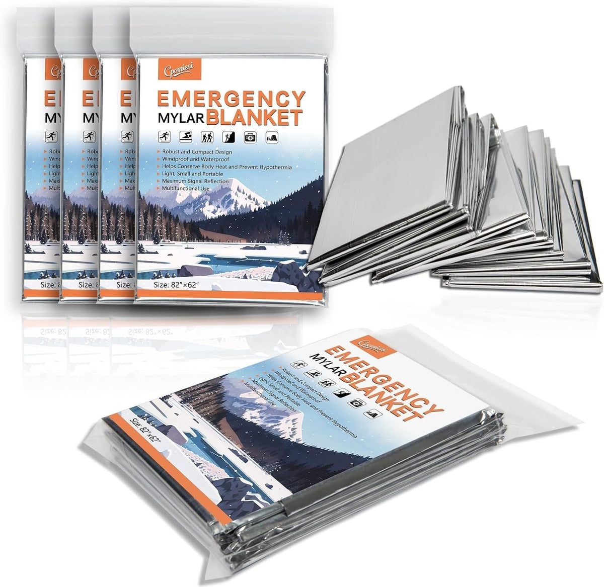 Large Emergency Mylar Thermal Blankets 82x62 Inches - Pack of 4