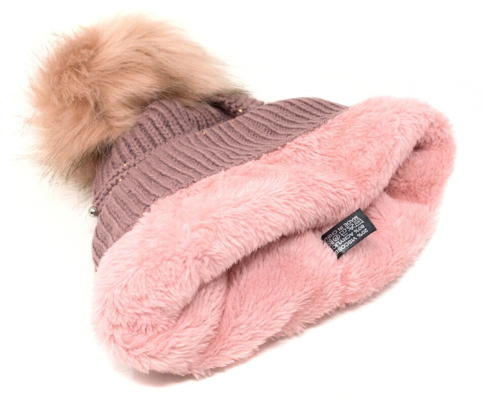 Women's Winter Cable Knit Beanie Hat with Pom Pom Fur Lining Warm Accessory