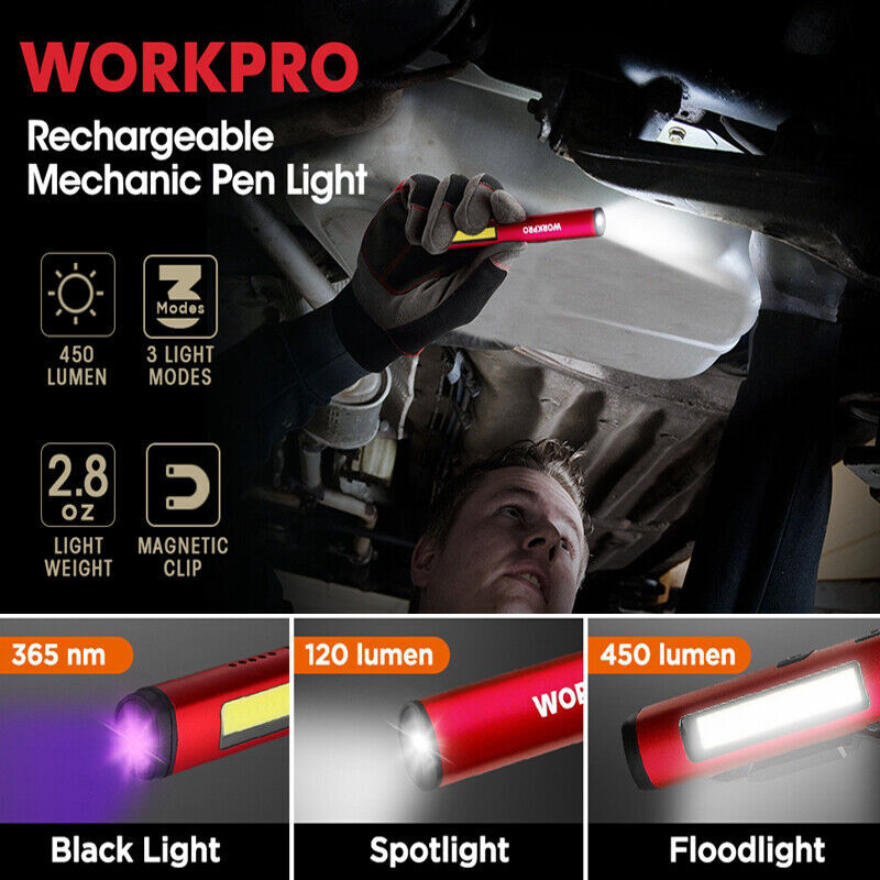Rechargeable LED Flashlight Penlight with COB Spotlight UV Light Portable