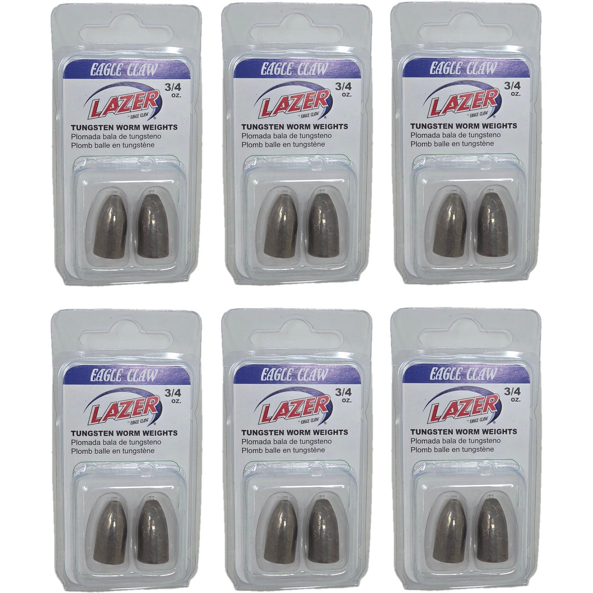 3/4 oz Tungsten Worm Weights Pack of 6 for Bass Fishing - Heavy Cover