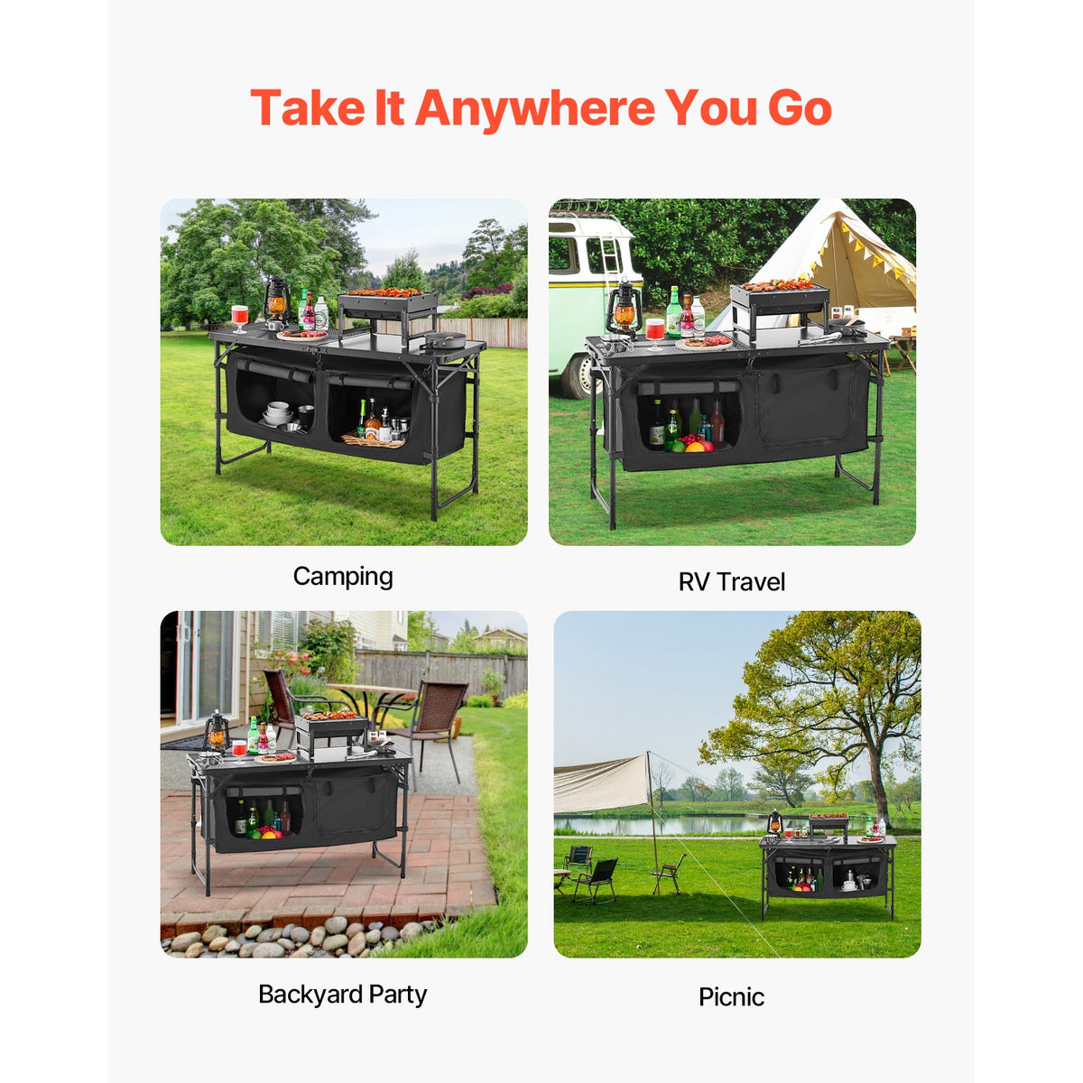Portable Camping Kitchen Table with Adjustable Height and Storage