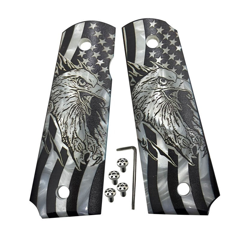 1911 Gun Grips Custom White Pearl Poly Full Size Pistol Grips with Screws