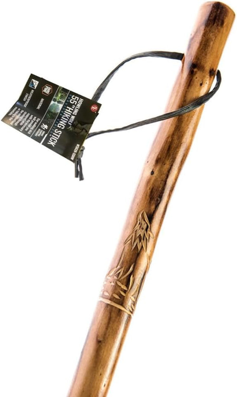 Wooden Hiking Stick with Hand-Carved Howling Wolf - 55 Inch Support Pole