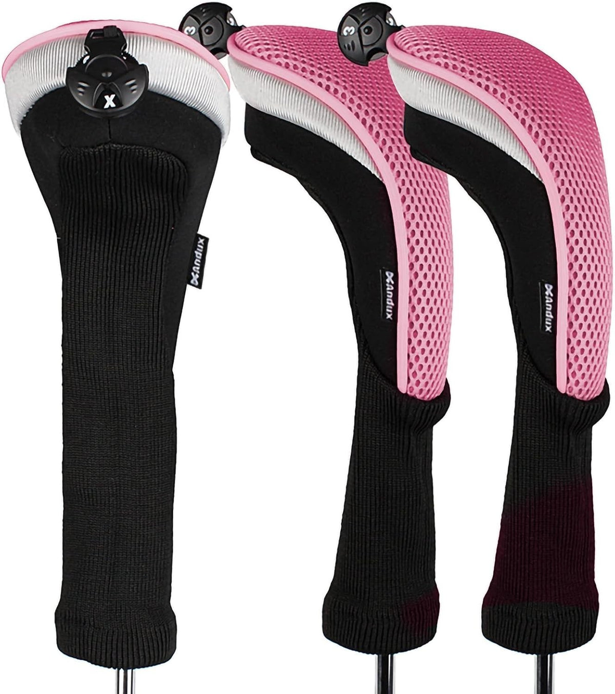 Golf Club Head Covers Set - 6-Piece Black and Pink Protects Drivers & Hybrids