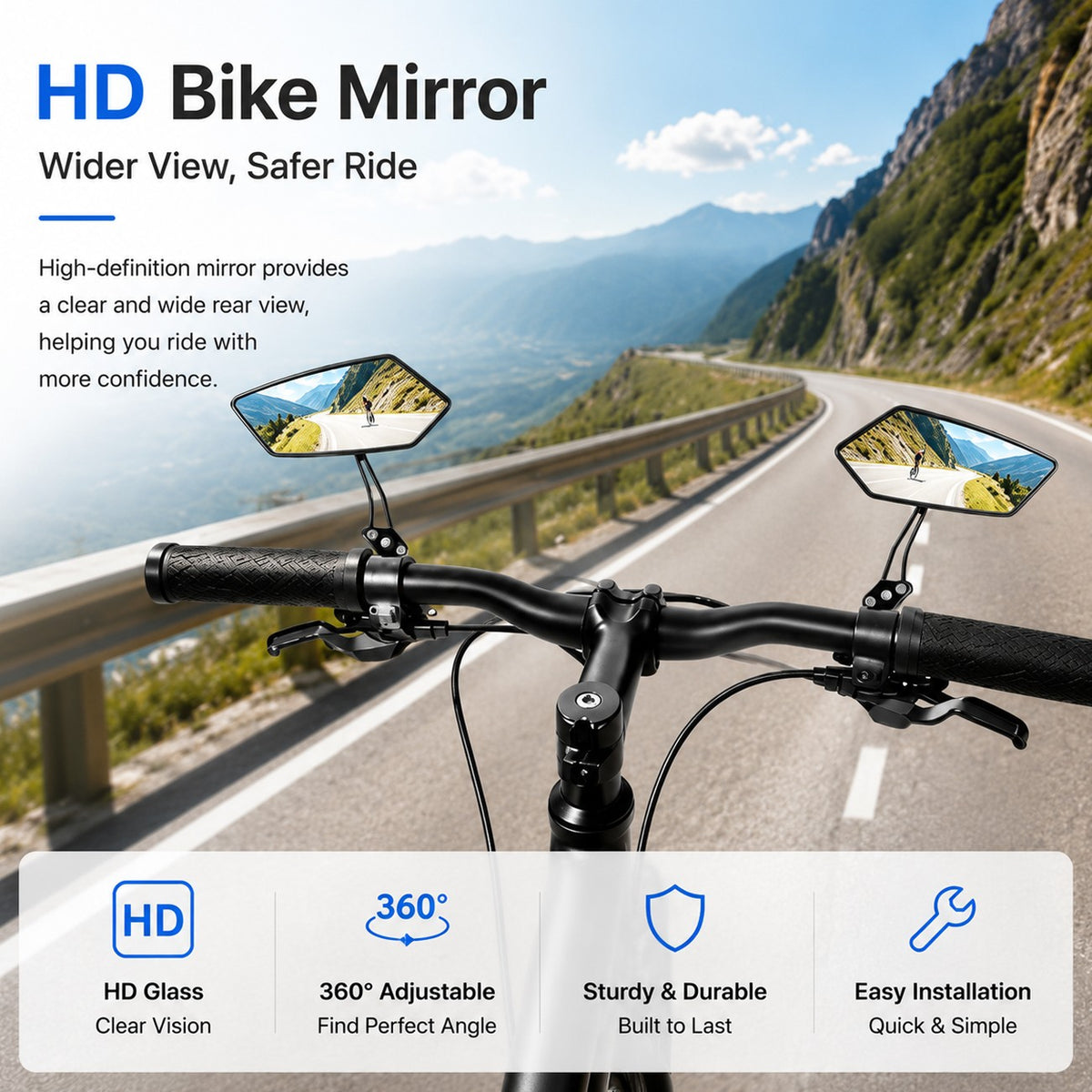 HD Bike Mirrors - 360° Adjustable Rear View Bicycle Handlebar Mirrors