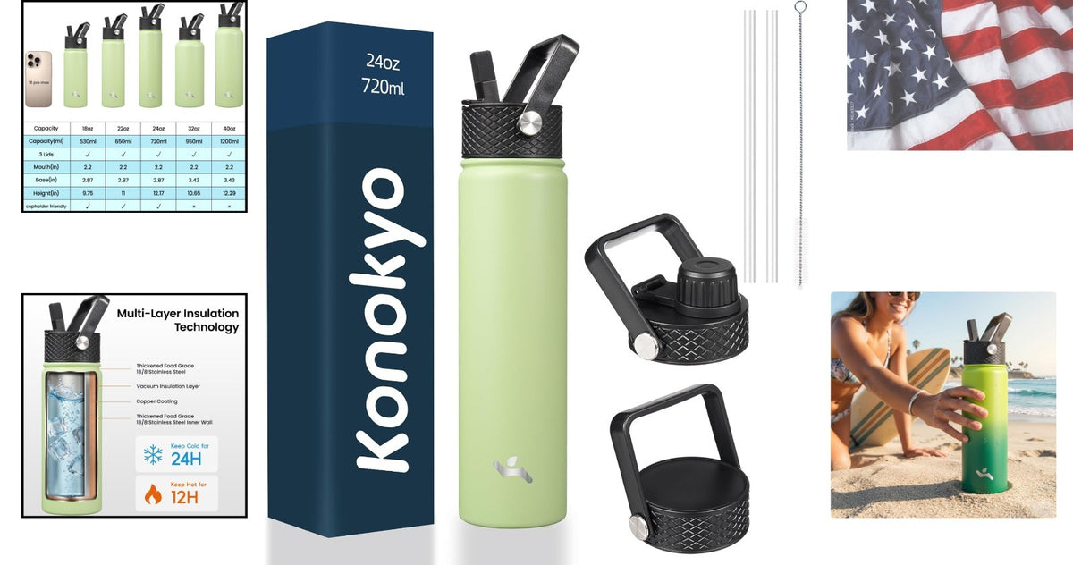 Insulated Stainless Steel Water Bottle 24 oz with Straw & Multiple Lids