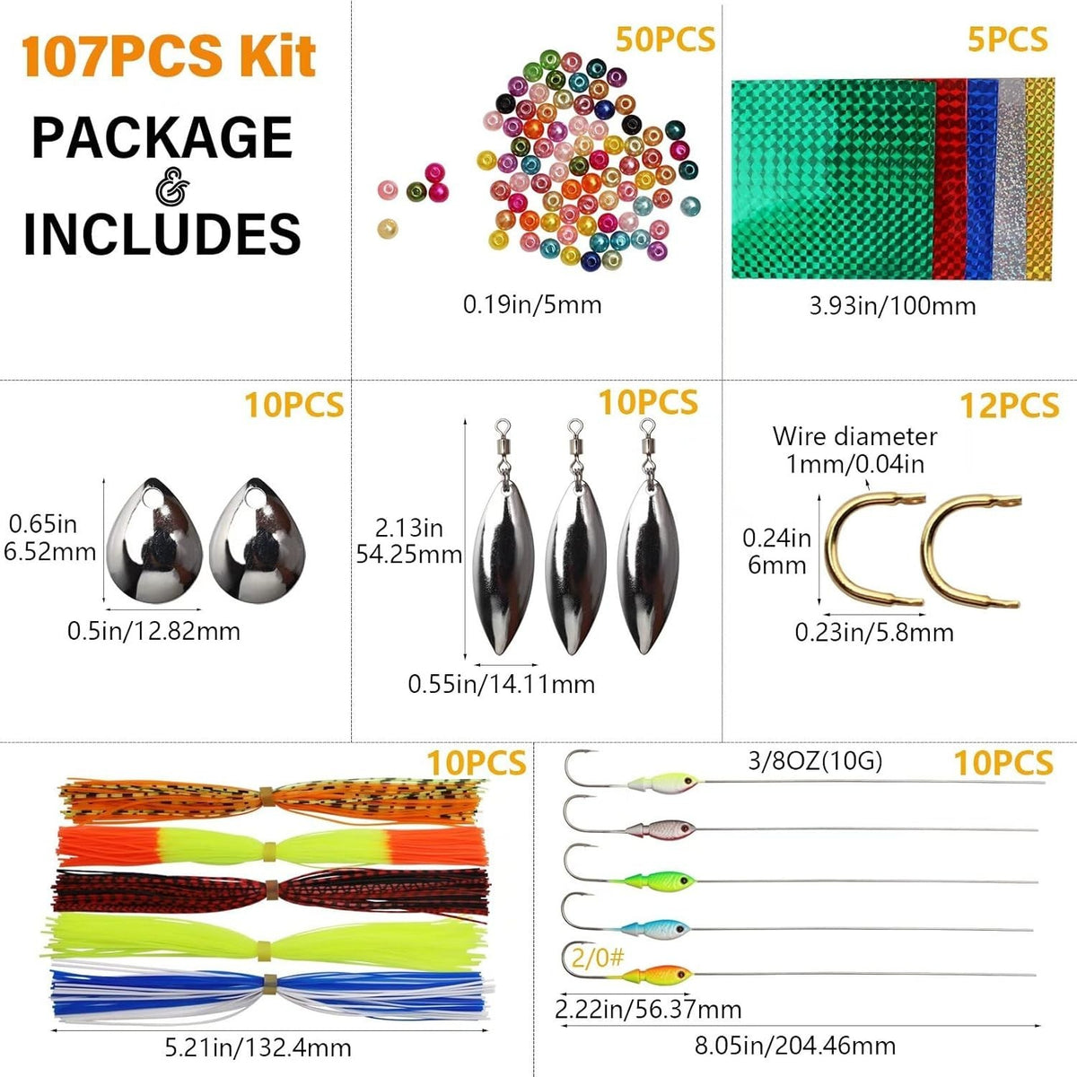 DIY Spinnerbait Making Kit with Flash Blades for Bass Fishing - 107PCS