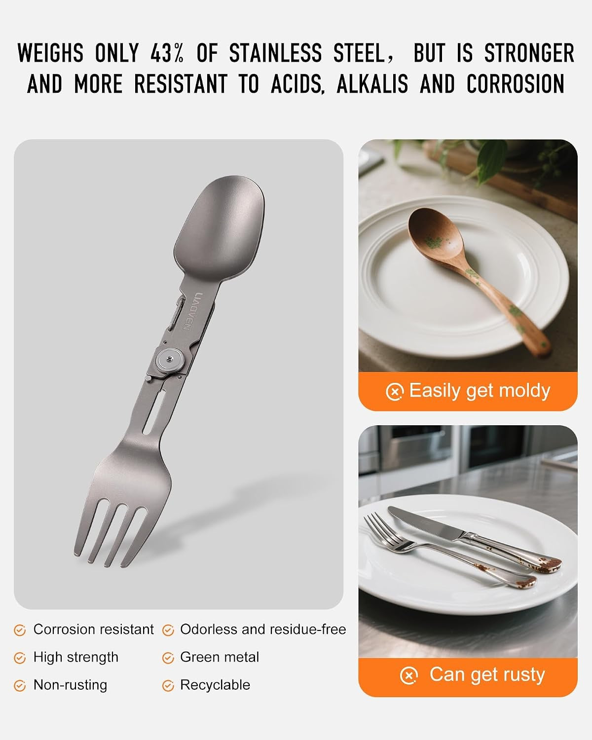 (2 Pack) Titanium Folding Spork 3-in-1 Camping Utensils Lightweight Reusable Cutlery