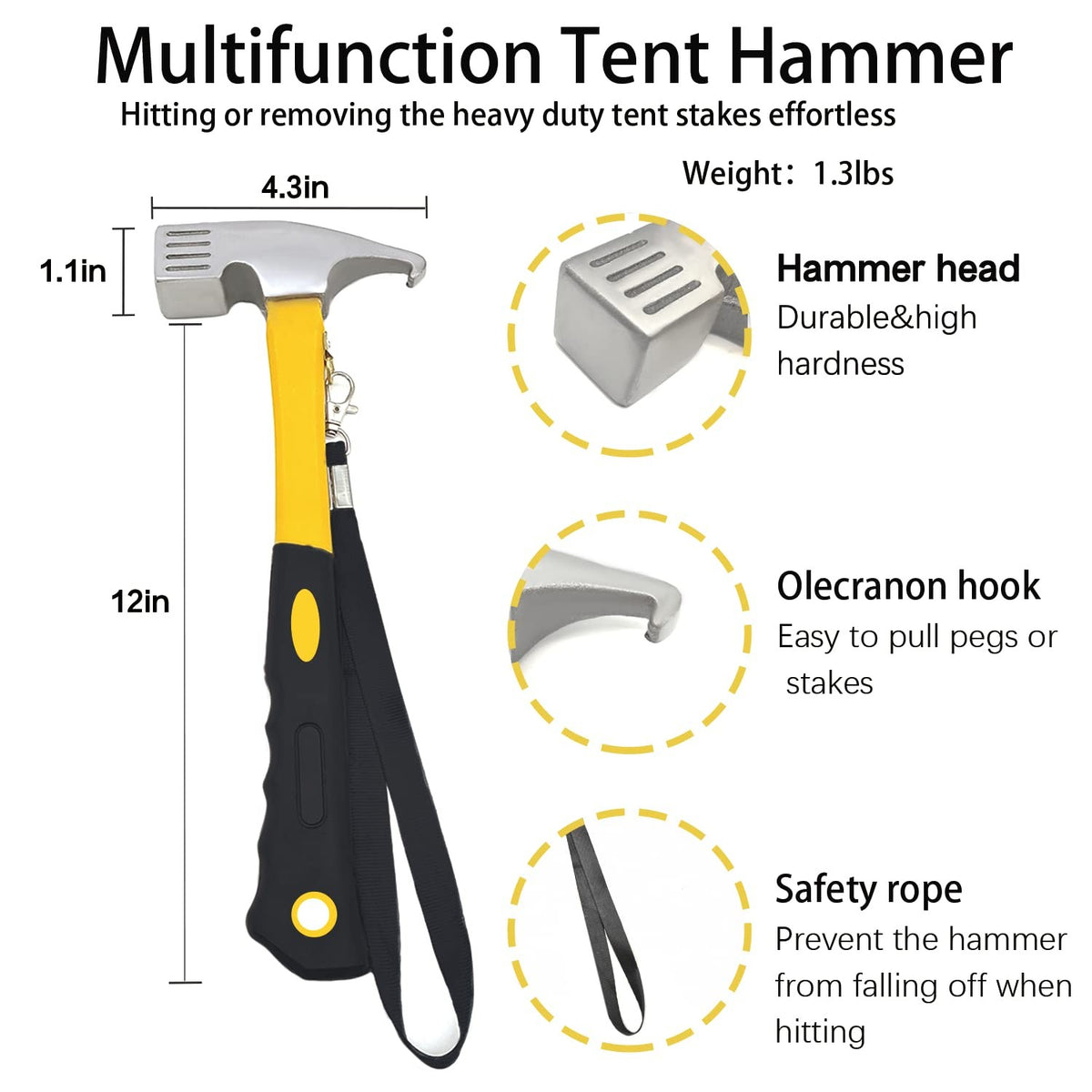 Heavy Duty Tent Stakes with Hammer - 10 Inch Steel Stakes for Camping (12 Pack)