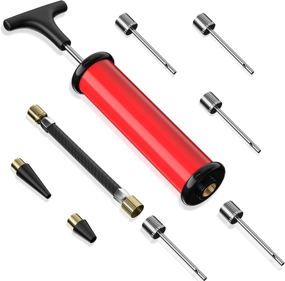 Portable Sports Ball Pump Kit with 5 Needles, Nozzle, Hose & Carry Bag