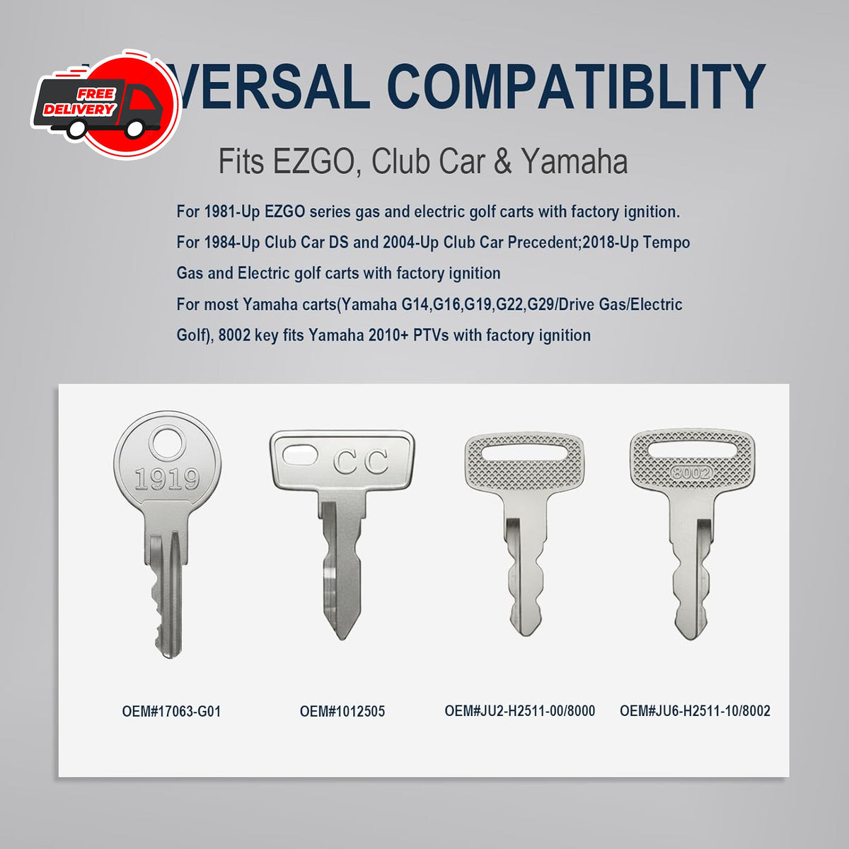 Golf Cart Key Set - 8 Replacement Keys for EZGO, Club Car, Yamaha